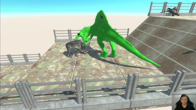 GREEN ALIEN SPINOSAURUS FIGHTING IN DEATH FALL - Animal Revolt Battle Simulator