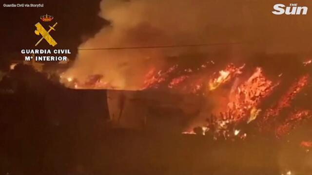 La Palma volcano – Drone view of molten lava destroying homes forcing 5k to flee