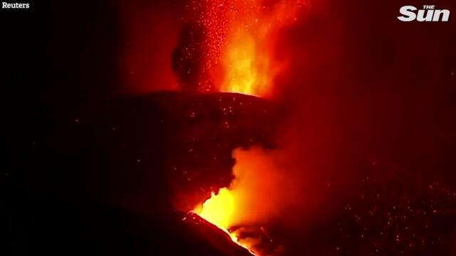 Rivers of lava at volcano on Spanish island of La Palma