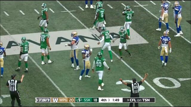 Winnipeg Blue Bombers vs Saskatchewan Roughriders Garrett Marino Late Hit Labour Day Classic