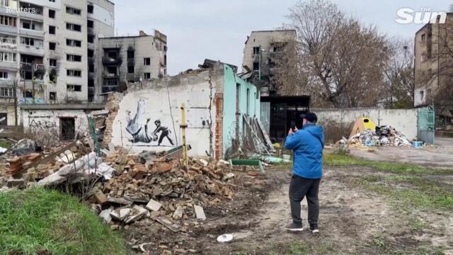 Banksy showcases new mural in war-damaged Ukrainian town
