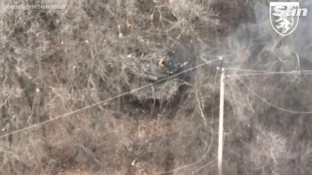Ukrainian forces blow up Russian tank hidden among trees