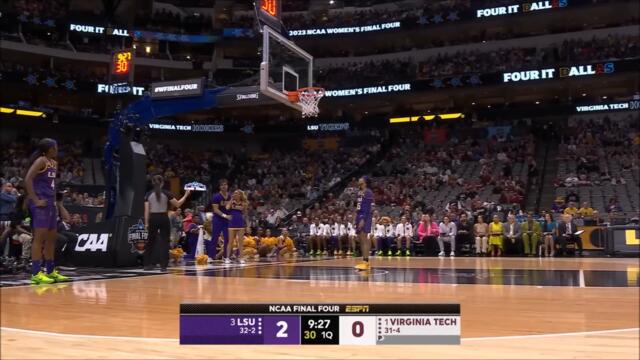 😂 CHEERLEADER saves day after ball gets stuck on shot clock! | Final 4, LSU Tigers vs Virginia Tech