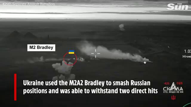 Incredible moment US M2 Bradley blasting Russian bunkers takes TWO direct hits & keeps going