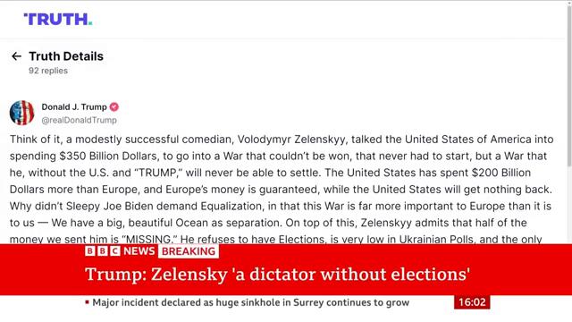 Trump calls Zelensky a 'dictator' as he hits back at 'disinformation' criticism | BBC News