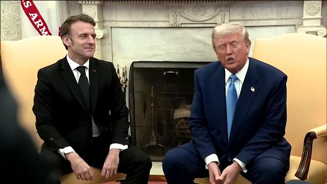 President Trump and French President Emmanuel Macron speak with reporters from the Oval Office